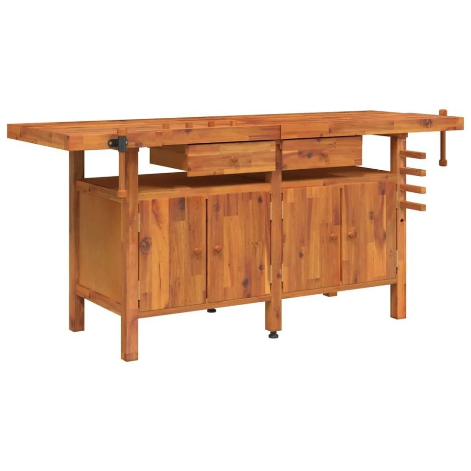 DOTMALL Werkbank aus Akazienholz mit Schubladen und Schraubstöcken 192x62x83 cm