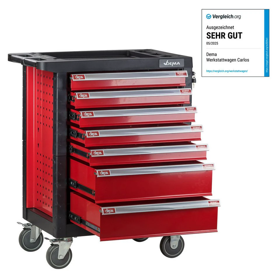 DEMA Werkstattwagen Carlos 7 Schubladen leer pulverbeschichtet Schwarz Rot RAL 3002