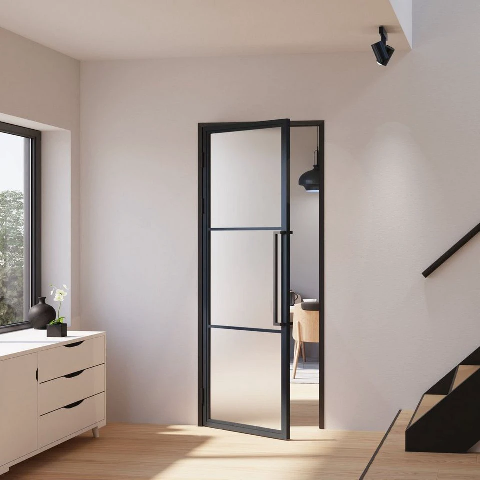 inova wohnen Zimmertür Glastür Stahlrahmen satiniertes Sicherheitsglas 4 mm schwarz RAL 9005