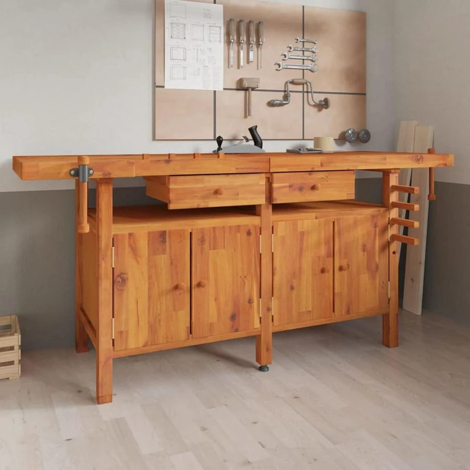 DJEKA Werkbank mit Schraubstock Akazienholz 192x62x83 cm