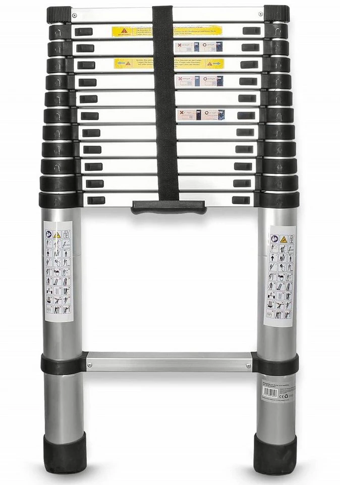 EAXUS Teleskopleiter 3,8 m Aluminium DIN EN 131 13 Sprossen zusammenklappbar