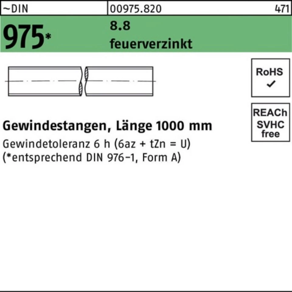 Reyher Gewindestange 009758200100000 DIN 975 M 10 x 1000 mm 8.8 feuerverzinkt