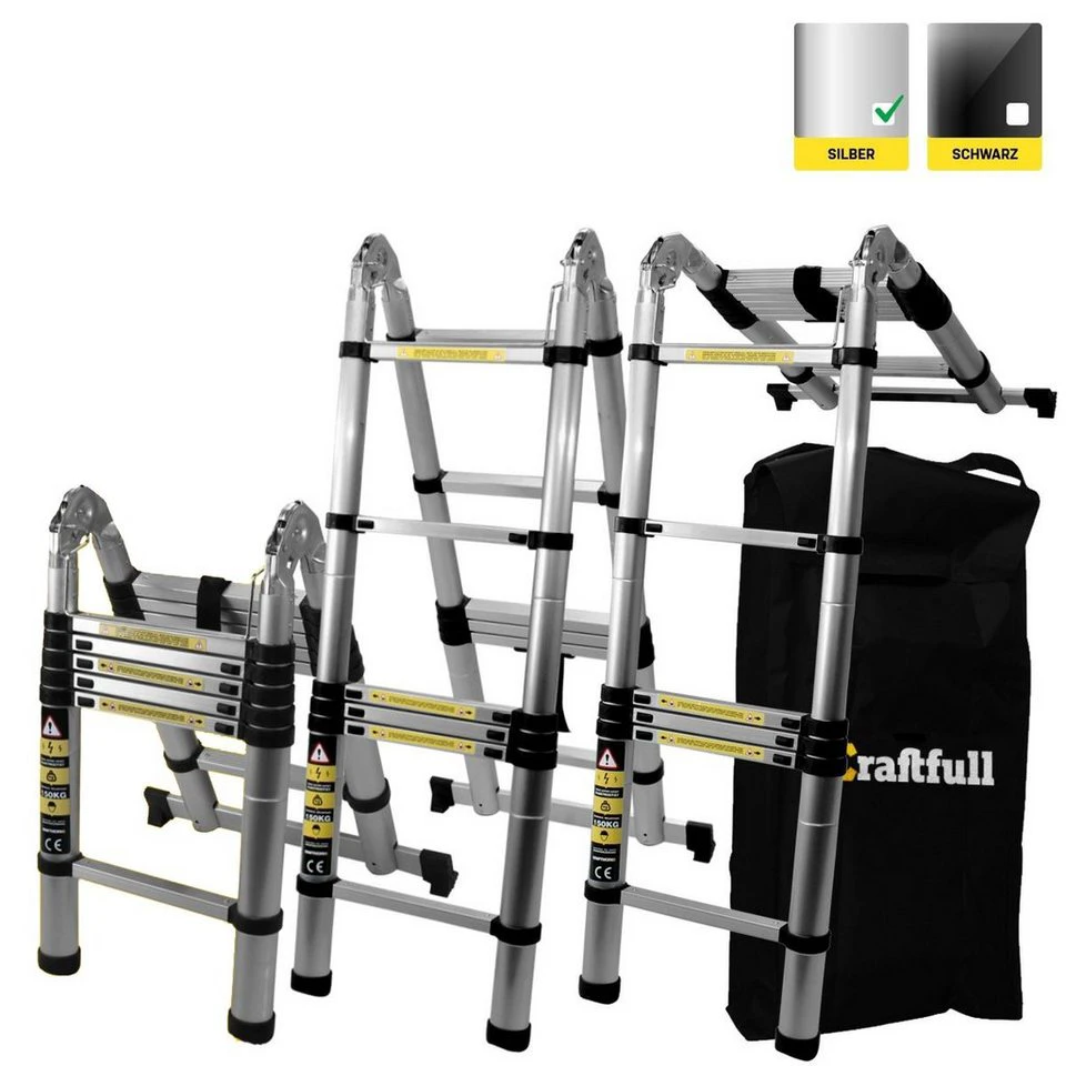 Craftfull Klapp-Teleskopleiter CF-102A Aluminium 150 kg 3 Jahre Garantie 3,2-5,6 m