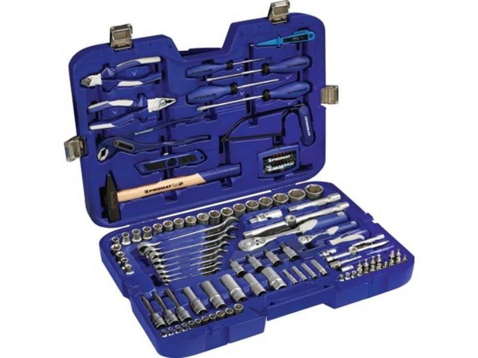 PROMAT Steckschlüssel-/Handwerkzeugkoffer 131-teilig mit Ring-Maulschlüsseln