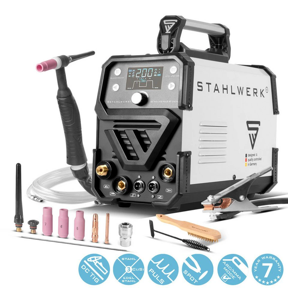 STAHLWERK Schweißgerät DC WIG 200 Puls ST Digital 2-in-1 MMA E-Hand 8-teilig
