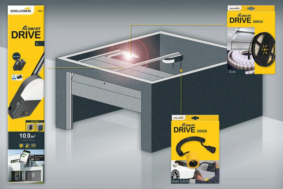 SCHELLENBERG Garagentorantrieb-Set Smart Drive L LED-Garagenbeleuchtung Spiralkabel