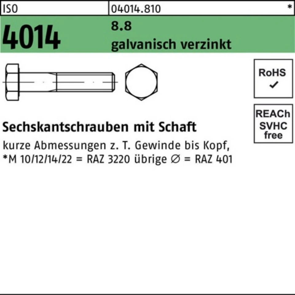 Bufab Sechskantschraube ISO 4014 mit Schaft M 16 x 280 8.8 galvanisch verzinkt