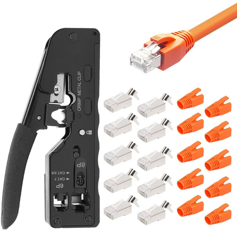 OSTWOLKE Crimpzange RJ45 mit 10 Cat7 Steckern Netzwerk Werkzeug