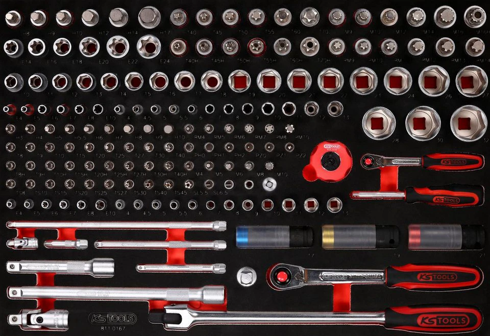 KS Tools Werkzeugwagen Steckschlüssel-Satz 1/4" + 1/2" 167-tlg Schaumstoffeinlage