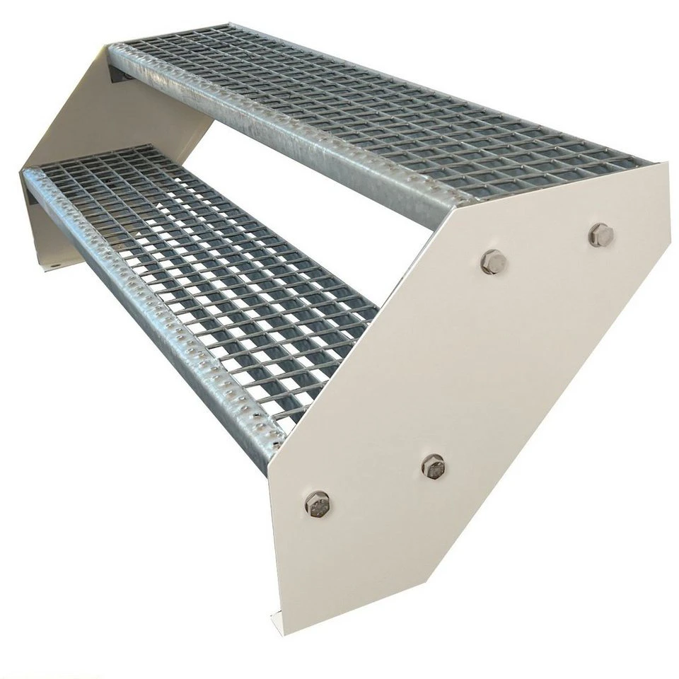 Kaminbau Mierzwa Außentreppe Premium Weiß 2 Stufen Höhe 38 cm Gitterrost Feuerverzinkter Stahl