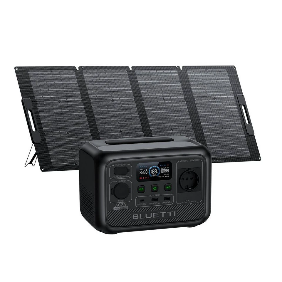 BLUETTI AC2A Tragbarer Solargenerator 204.8Wh LiFePO4 300W mit PV120S 120W Solarpanel