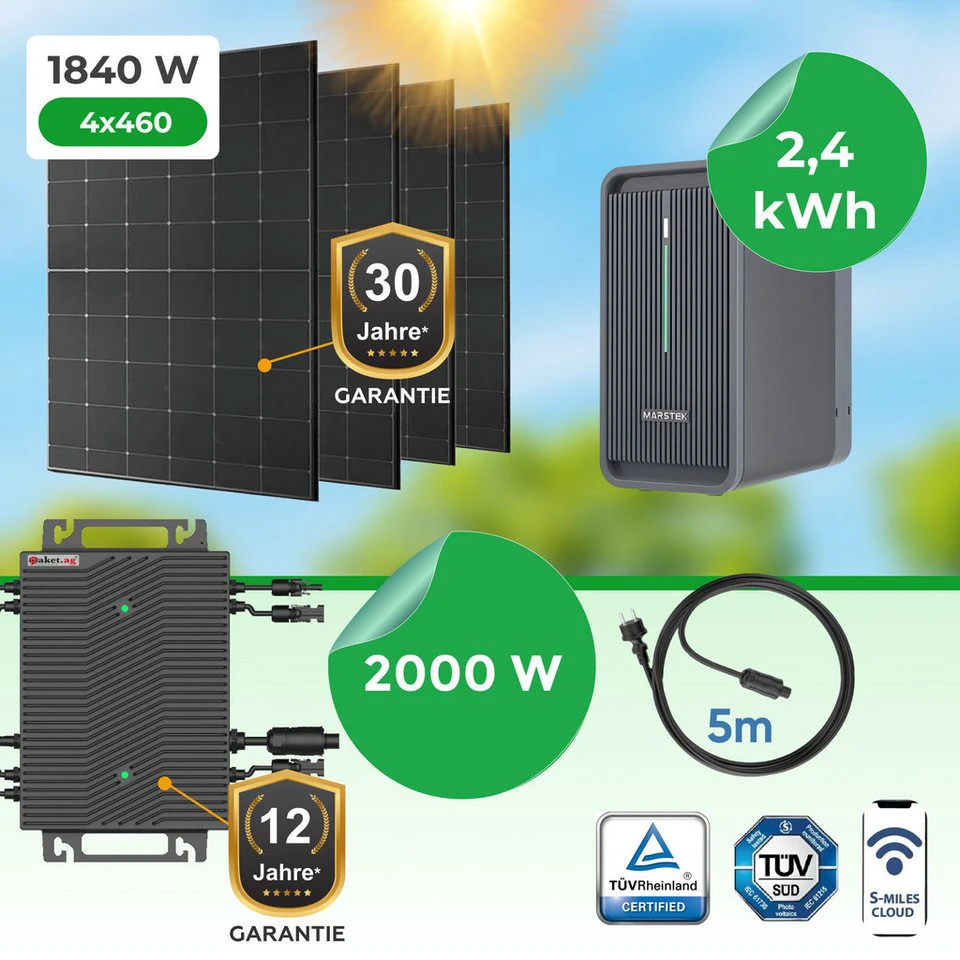 Paket.ag Balkonkraftwerk 1840W mit 2000W Wechselrichter 2,24kWh Speicher Komplettset