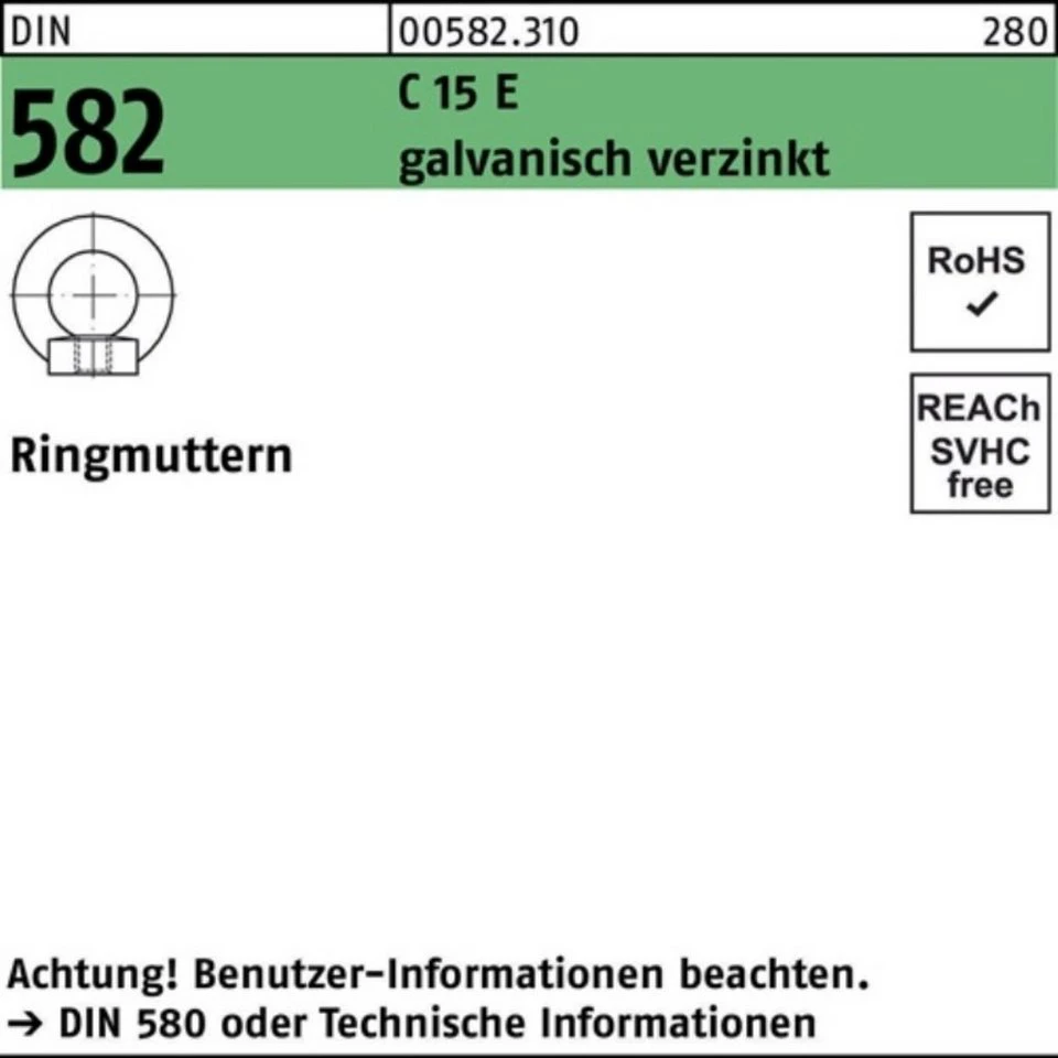 Reyher Ringmutter 005823100160000 DIN 582 M 16 C 15 E galvanisch verzinkt 10 Stück