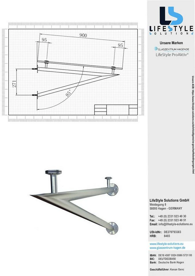 Glaszentrum Hagen Glasvordach 230x90 cm Klar RAL7016-V