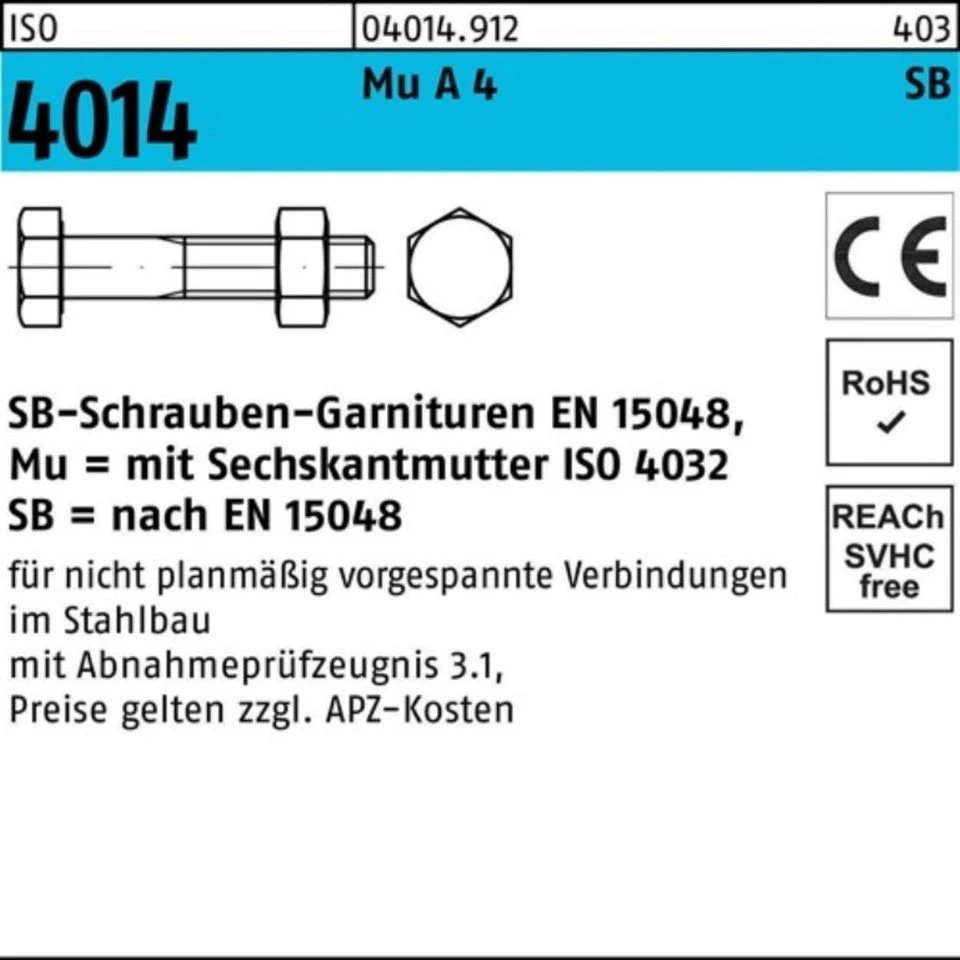 Bufab Sechskantschraube 040149120240180 ISO 4014 M24 x 180 A4 SB mit Mutter 5 Stück