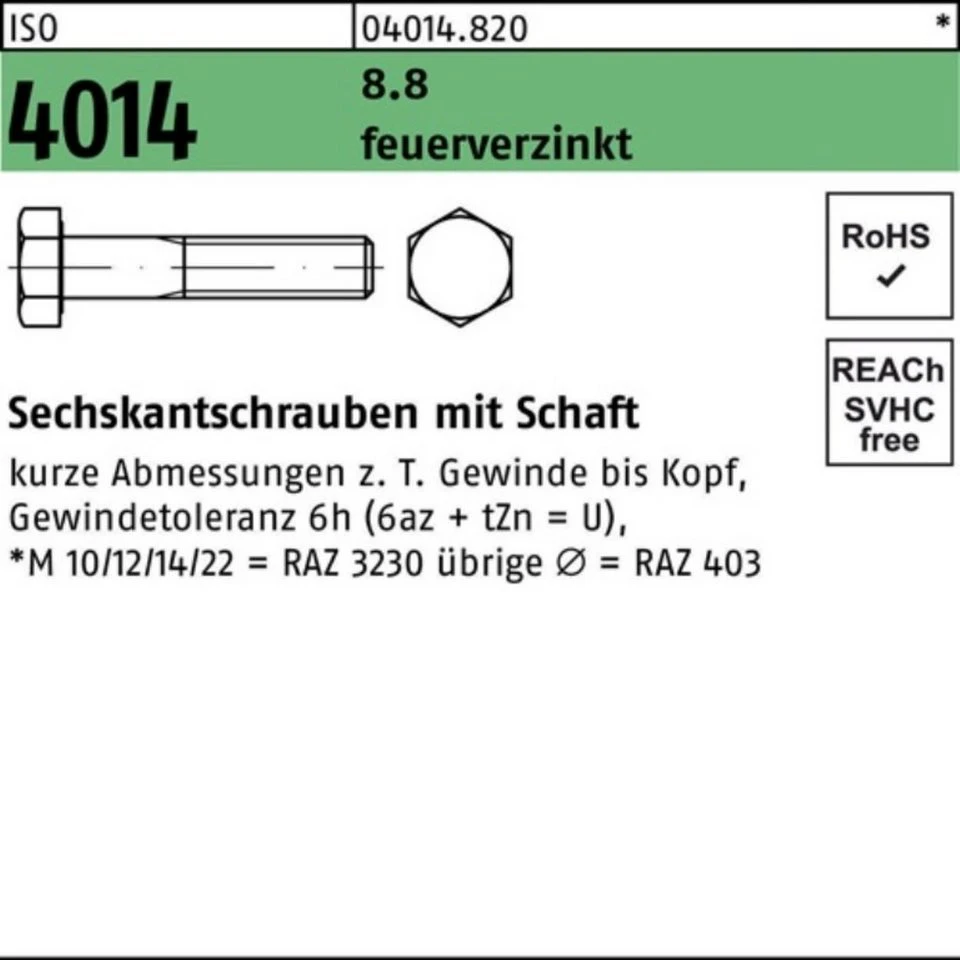 Bufab Sechskantschraube 040148200300180 ISO 4014 M 30 x 180 8.8 feuerverzinkt mit Schaft