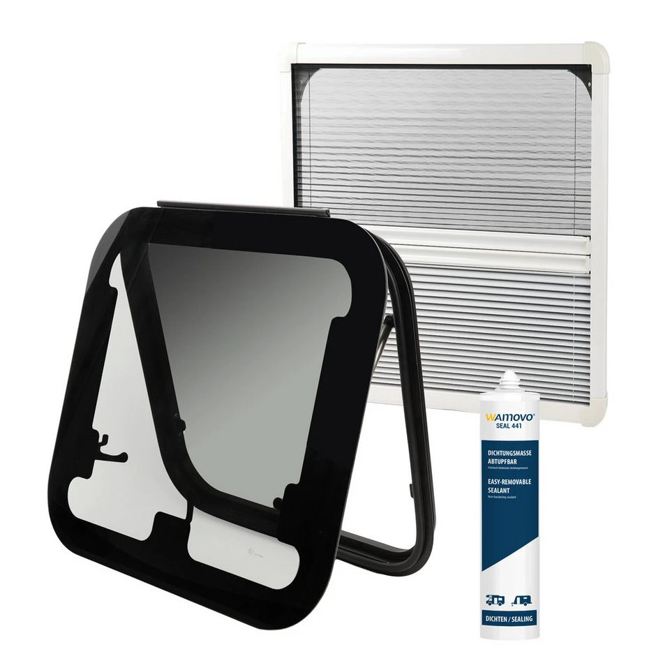 Wamovo Ausstellfenster Echtglas 500 x 450 mm Wohnwagen Camper Set mit Rollo