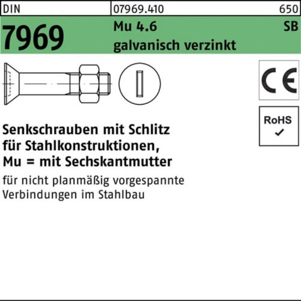 Reyher Senkschraube DIN 7969 079694100200080 Schlitz Mutter M 20 x 80 4.6 galvanisch verzinkt