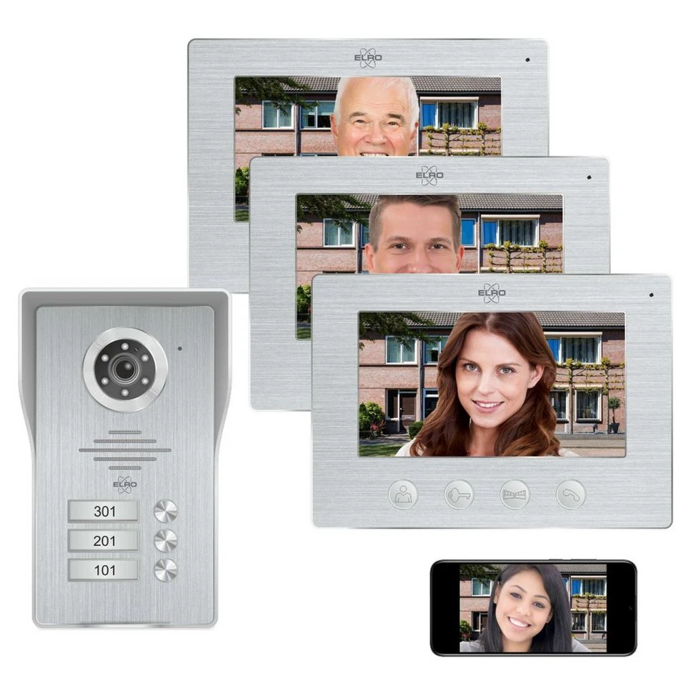 Elro Video-Türsprechanlage DV477IP3 für 3 Wohnungen mit 3 Monitoren und App