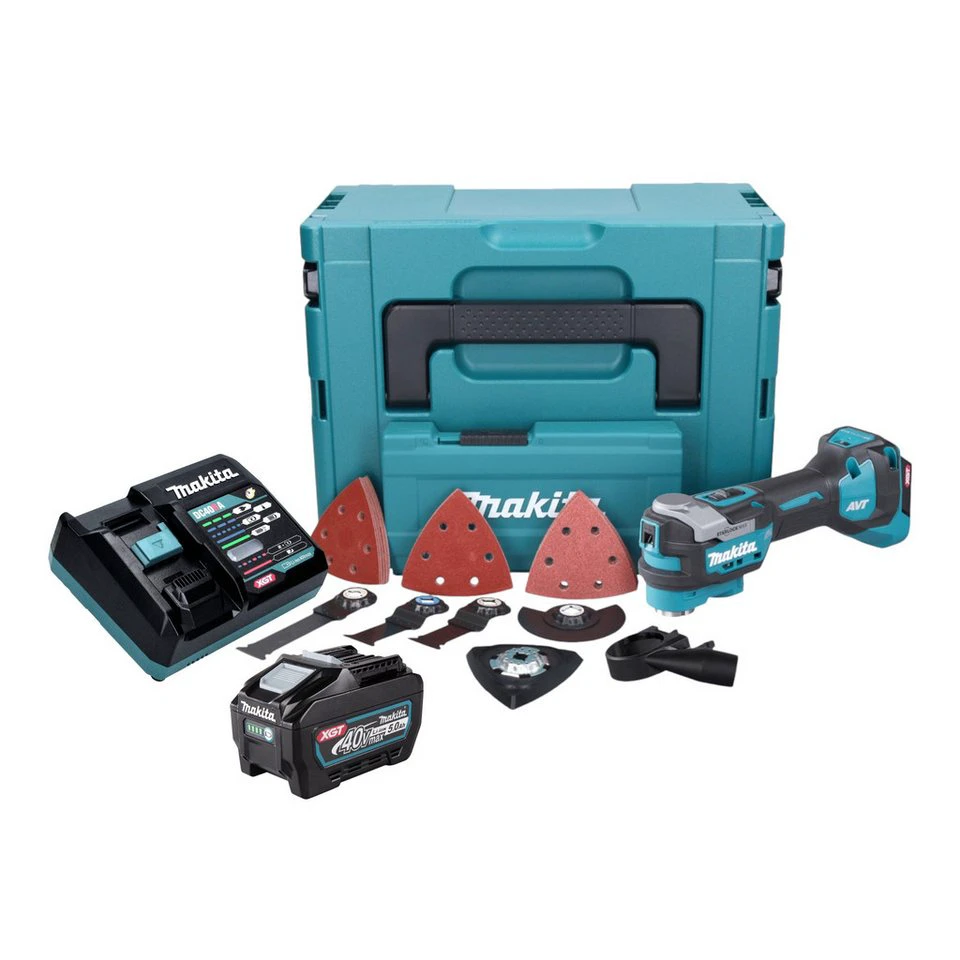 Makita Akku-Multifunktionswerkzeug TM 001 G 40 V Starlock Max mit Akku 5,0 Ah Zubehör Lader