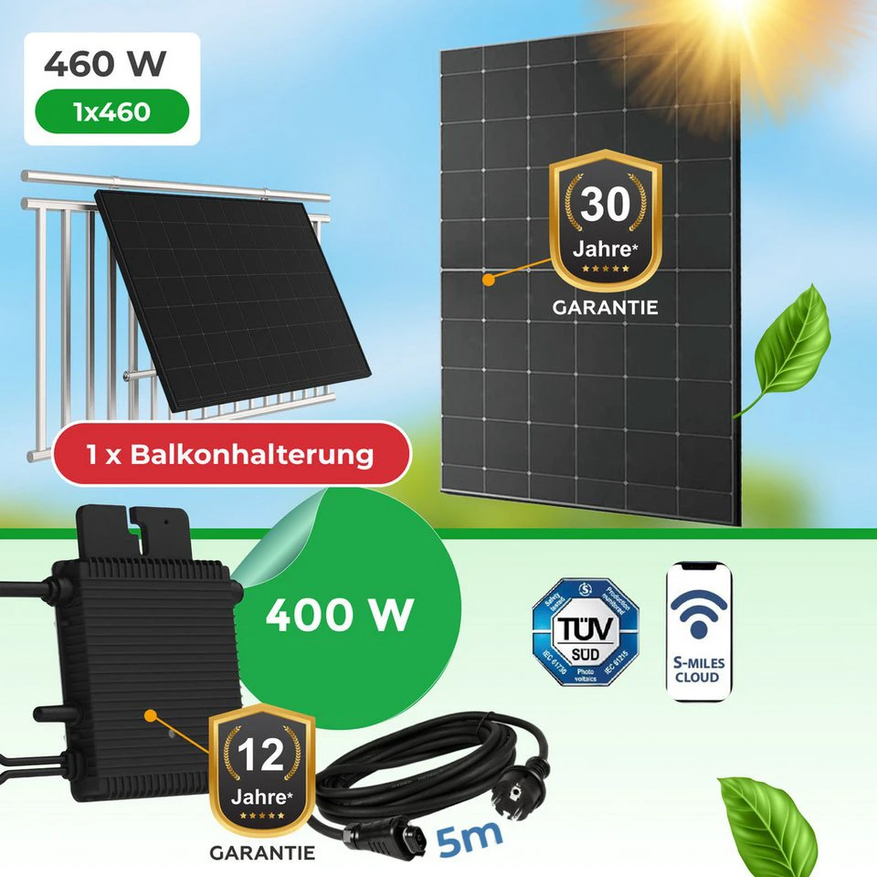 Paket.ag Balkonkraftwerk 460 W Full Black bifazial Hoymiles HM-400 Balkonhalterung