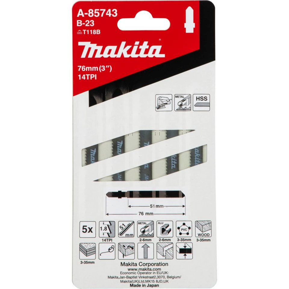 Makita Stichsägeblatt B-23 A-85743-25 T-Schaft 76 mm 14 Zähne 5 Stück