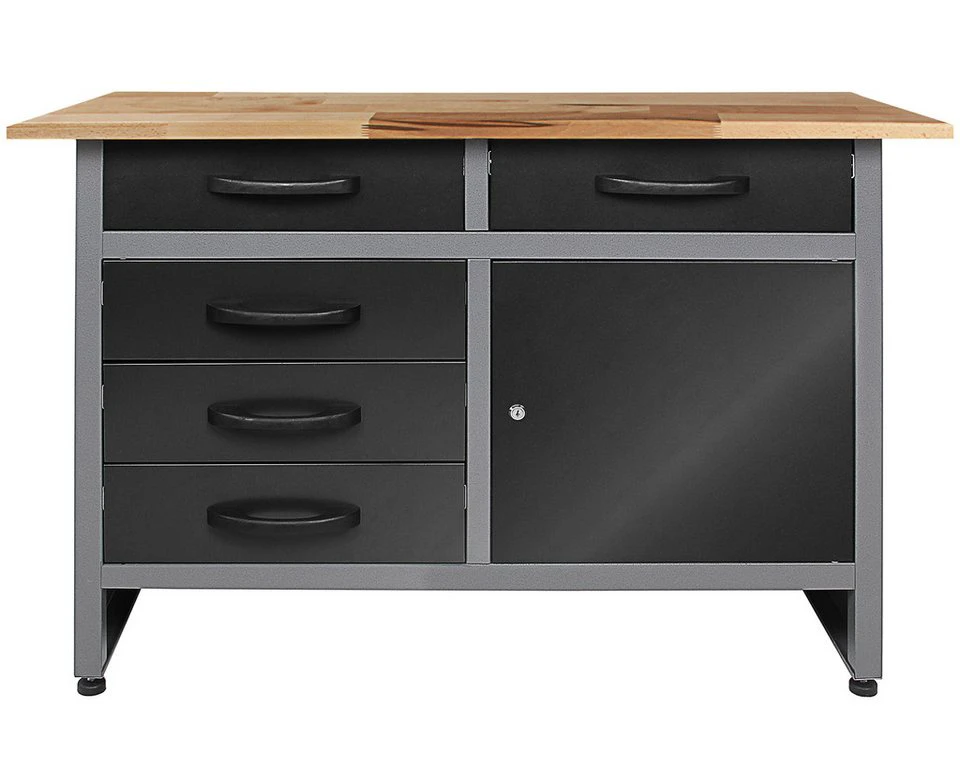 ONDIS24 Werkbank Metall 120 cm Buchenholzarbeitsplatte 5 Schubladen 1 Tür 120 x 60 x 85 cm