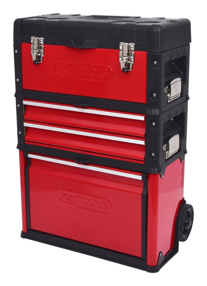 KS Tools Werkzeugtrolley Fahrbarer Kunststoff-Stahlblech-Werkzeugkasten 3 stapelbare Teile