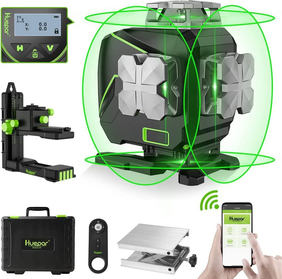 Huepar Kreuzlinienlaser S04CG 4D grüner Laser LCD-Bildschirm mit Halterung und Hebebasis