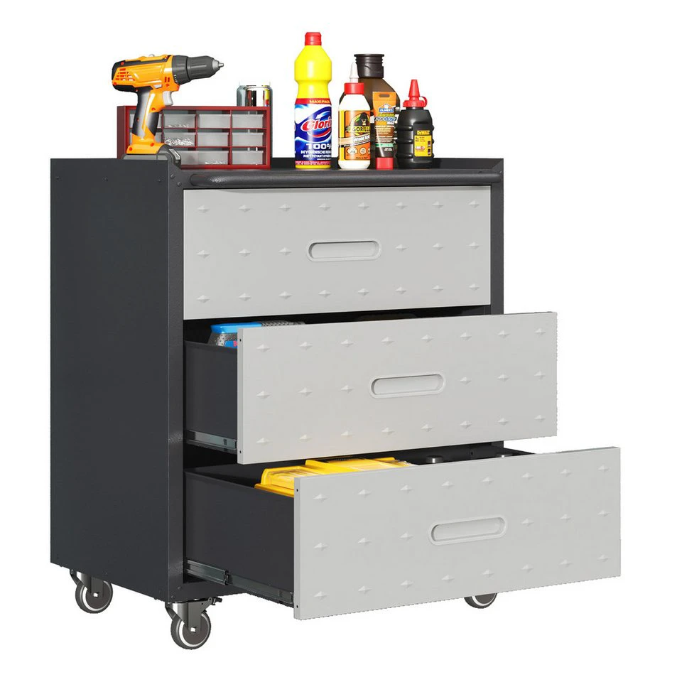 bizoemade Werkzeugwagen 3-Schubladen Metall Grau-Schwarz 88 x 75 x 42 cm 90 kg