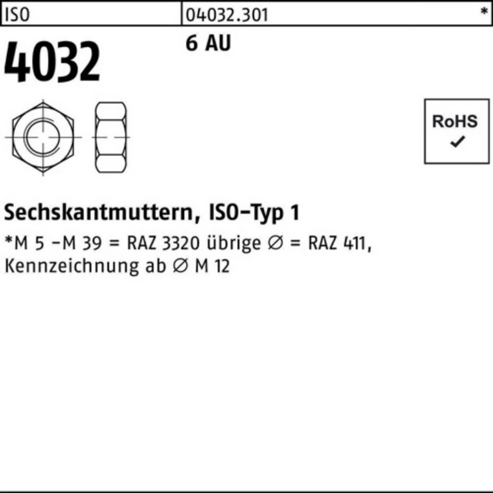 Bufab Muttern 100er Pack Sechskantmutter M 22 ISO 4032 6 Automatenstahl