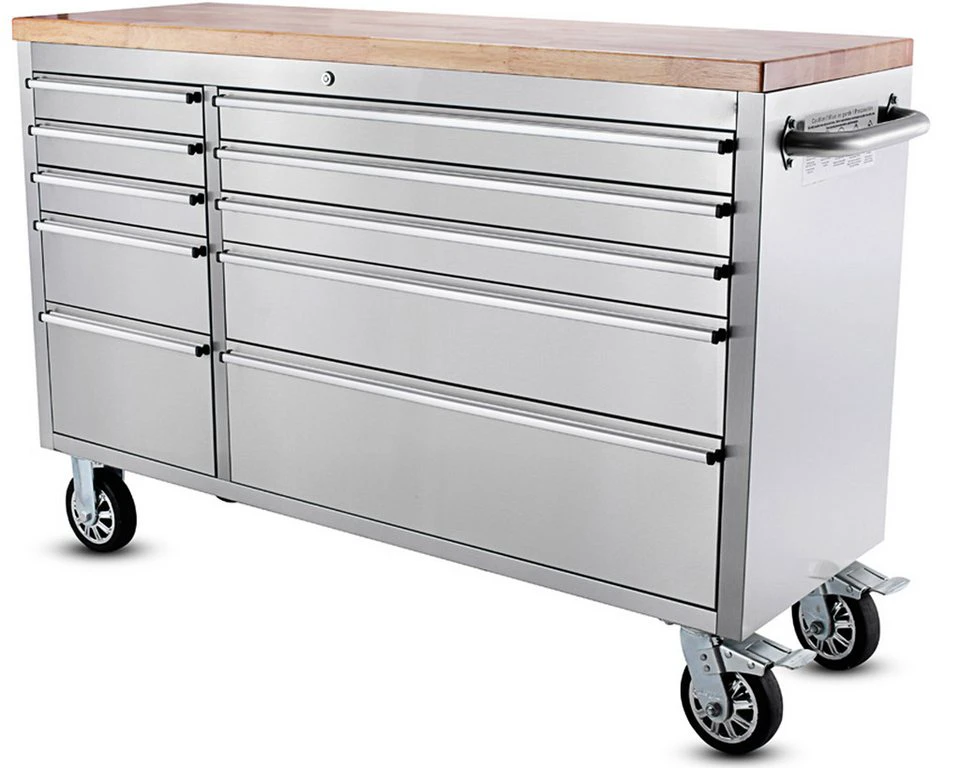 ONDIS24 Werkstattwagen Werkzeugwagen Edelstahl 10 Schubladen 300 kg Massivholzplatte abschließbar