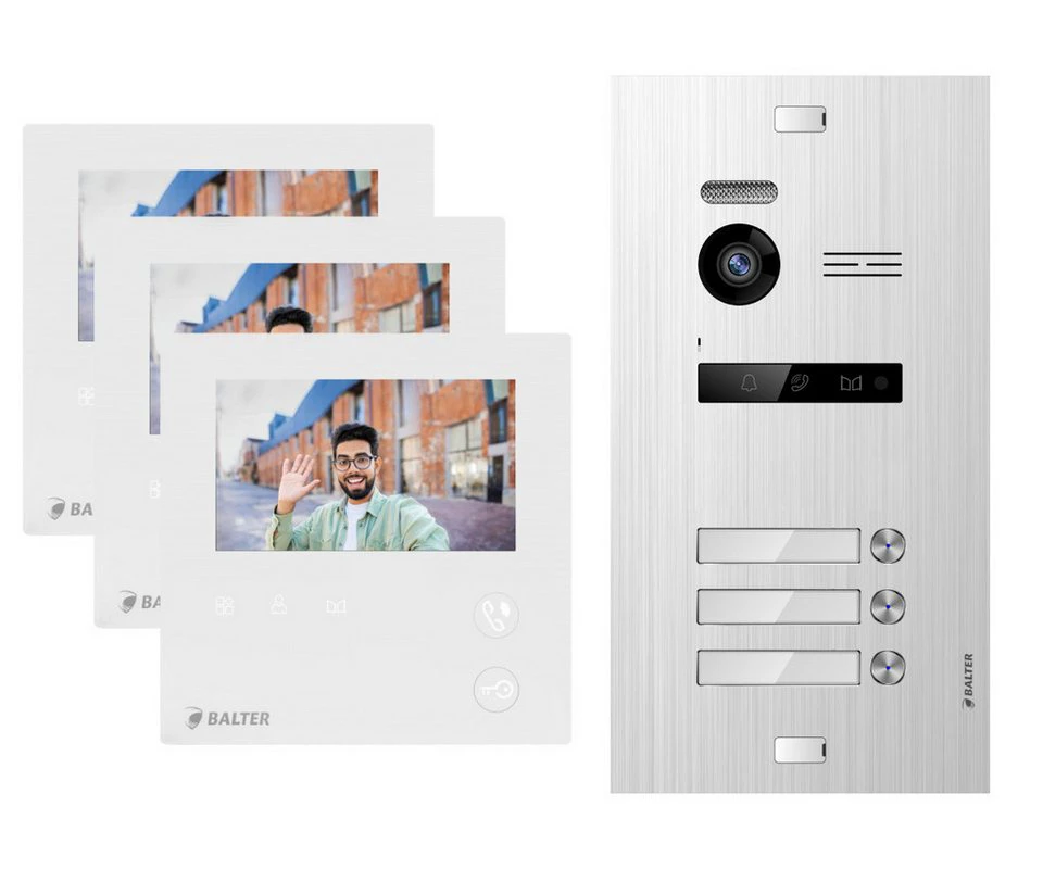 Balter Video-Türsprechanlage EVO MINI Komplettsystem 3-Familienhaus Silber 3x 4.3" Monitore