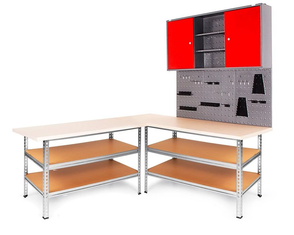 ONDIS24 Werkstatt-Set Ecklösung Sparfuchs-Uwe Premium 180 x 120 x 212 cm 2x Werkbank Metall Werkzeugschrank Lochwand