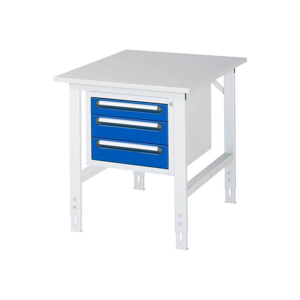 RAU Werkbank Arbeitstisch 750 x 760-1080 x 1000 mm 3 Schubladen M-Platte 22 mm lichtgrau enzianblau