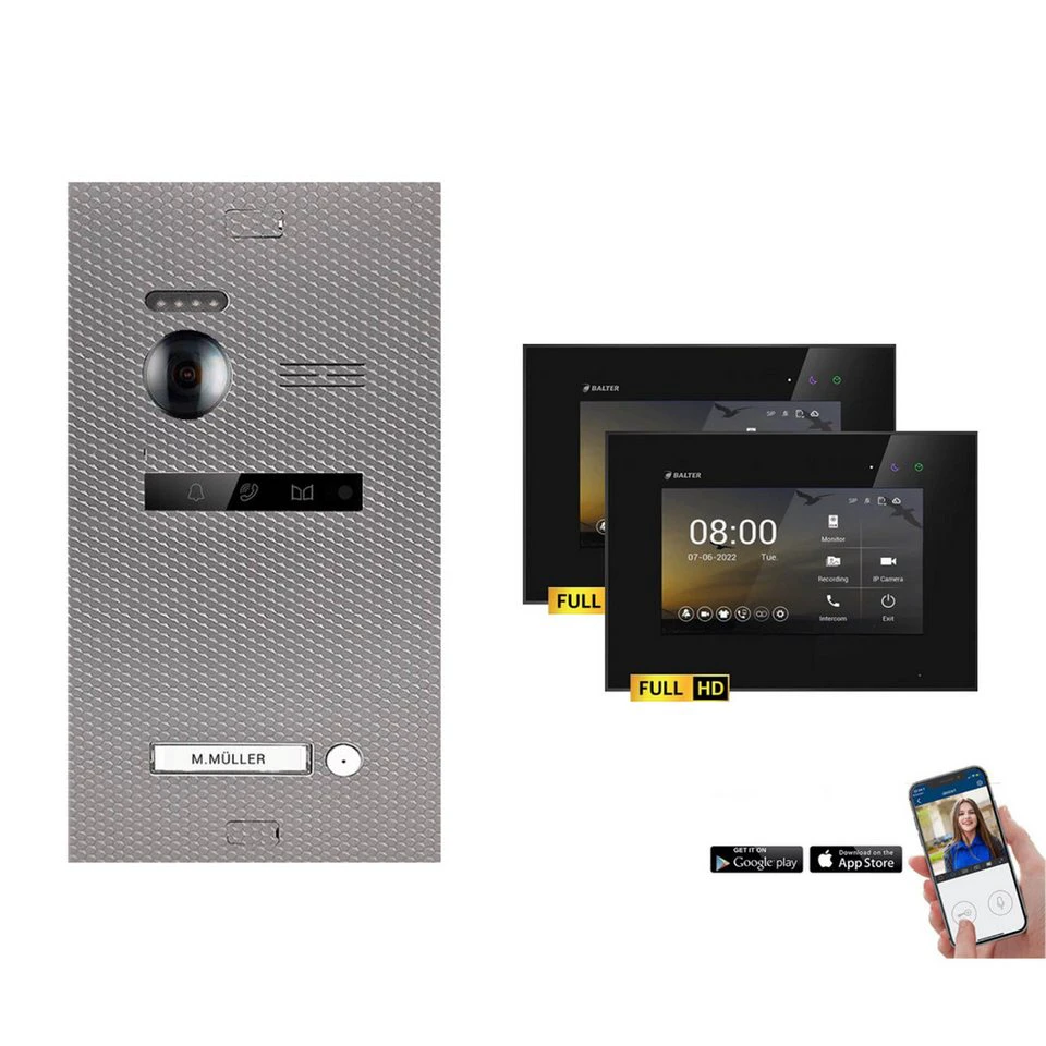 Balter Video-Türsprechanlage EVO-HD Komplettset 1-Familie Karbon-Silver 2x 7" WLAN Monitore Schwarz