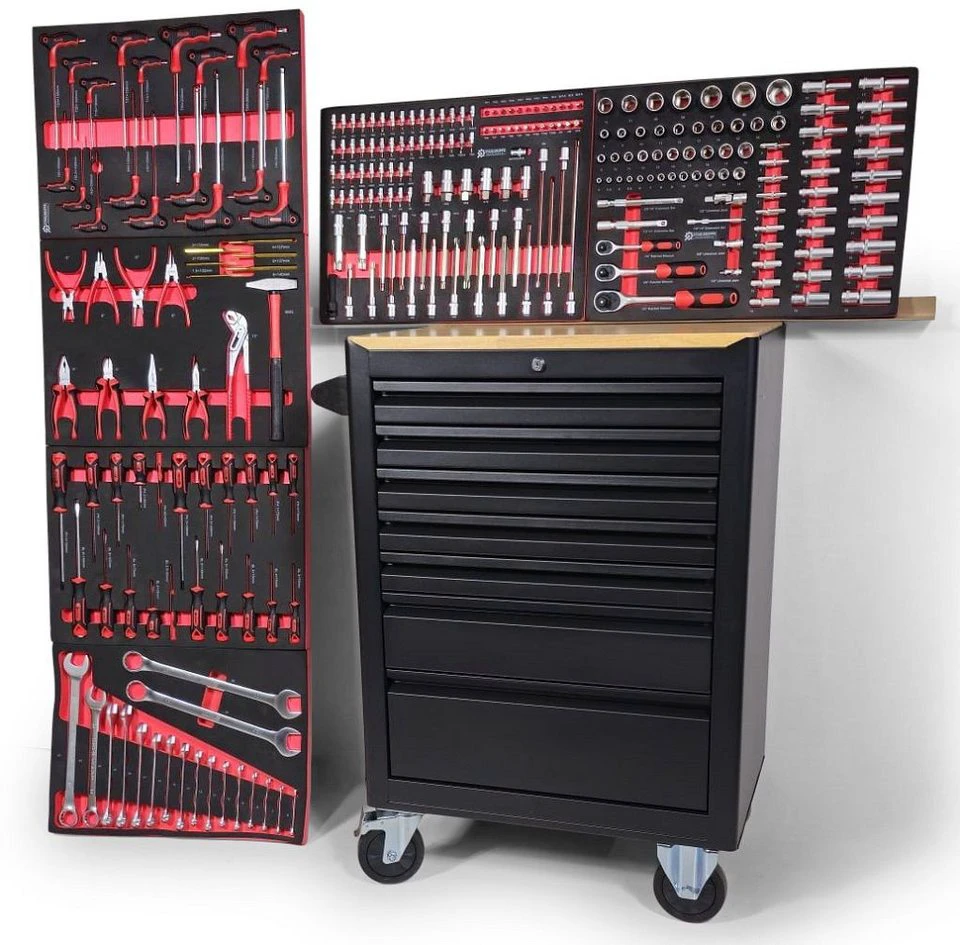 DeTec. Werkstattwagen 1076 Holzplatte Designer Edition 7 Schubladen 6 bestückt Rot