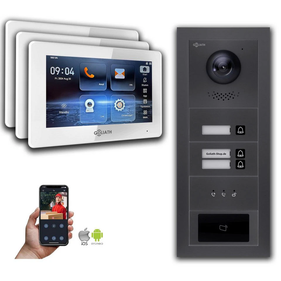 Goliath Intercom Video-Türsprechanlage IP 7-Zoll 3 Familienhaus RFID Anzeige