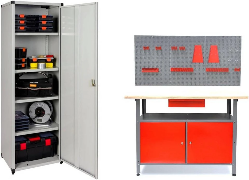 Kreher Werkstatt-Set Bundle Werkbank 2 Türen Metall-Lochwand Metallschrank Maxi 60 3-tlg