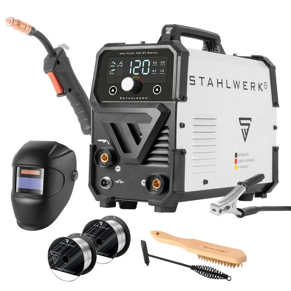 STAHLWERK Mini FLUX 120 ST Digital Fülldrahtschweißgerät 120 A mit synergischem Drahtvorschub