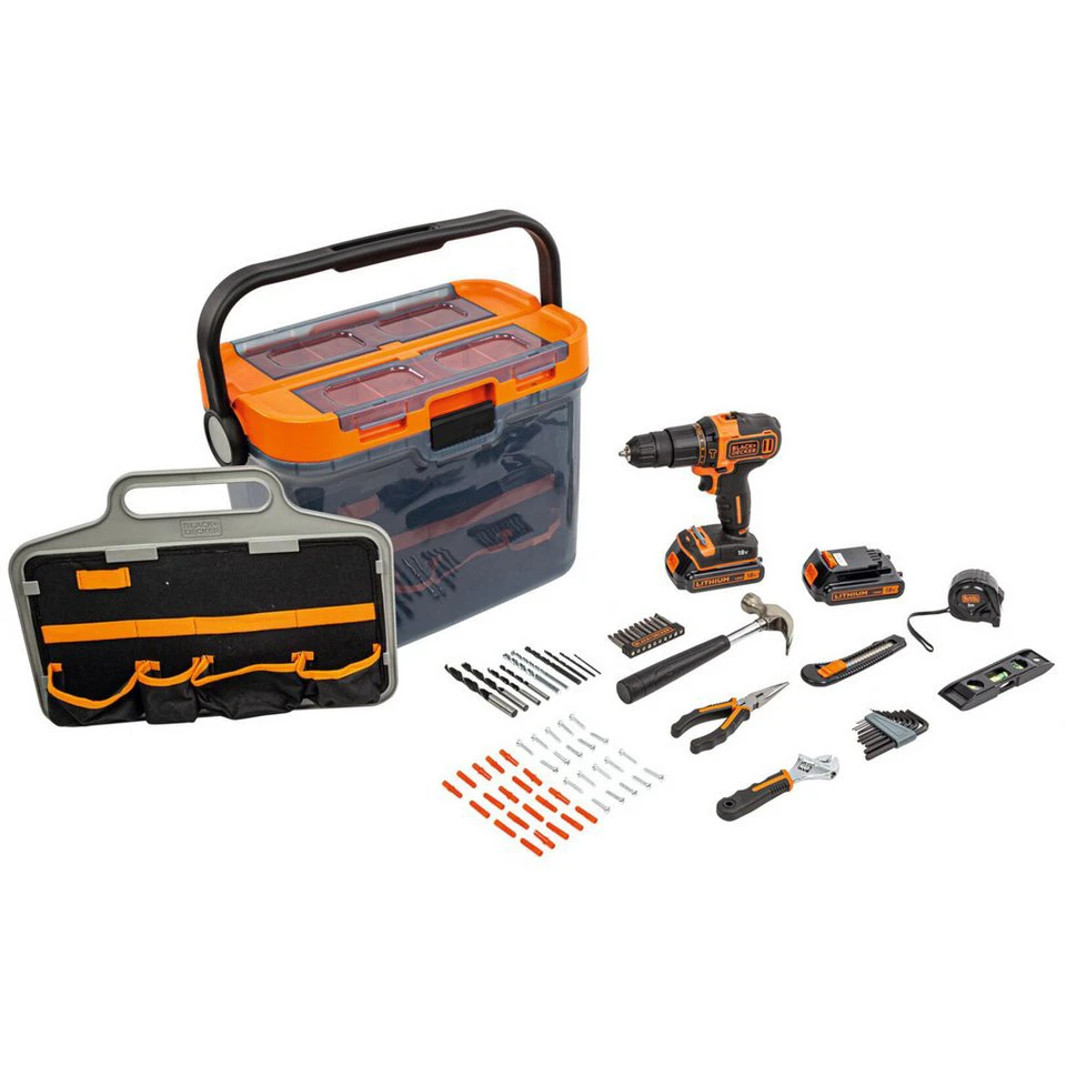 BLACK+DECKER Akku-Schlagbohrschrauber BCKSB04 18 Volt 2-Gang 2x Li-Ionen Akku 1,5Ah 78-teiliges Zubehör-Set