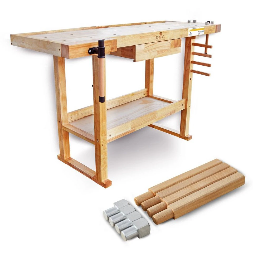 BAMATO Hobelbank WORK-1520 2 Spannzangen 8 Bankhaken Massivholz Gummibaum