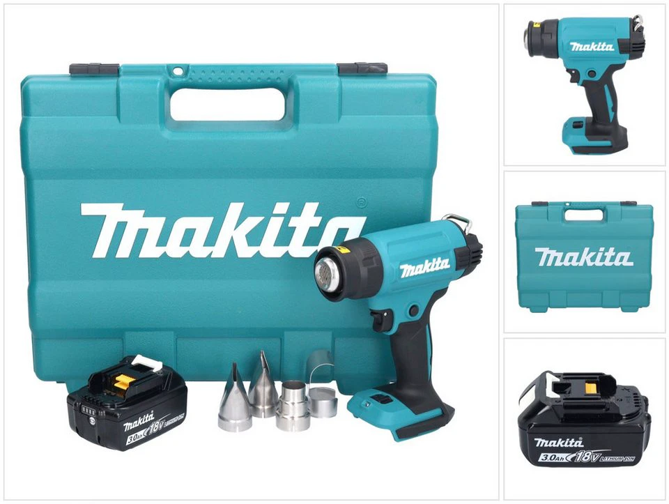 Makita DHG 181 Akku-Heißluftgebläse 18 V 150-550 °C mit 3,0 Ah Akku und 4 Düsen