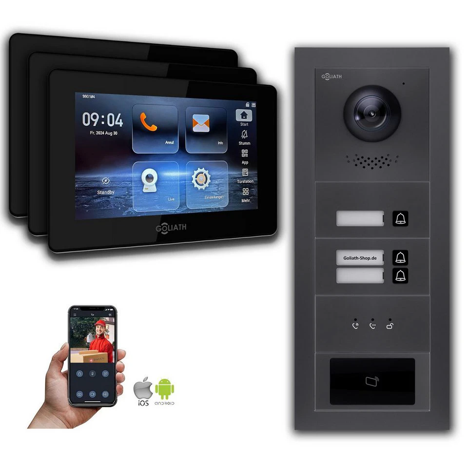 Goliath Video-Türsprechanlage GL-HB310A 2-Draht BUS 3 Familienhaus RFID Anthrazit