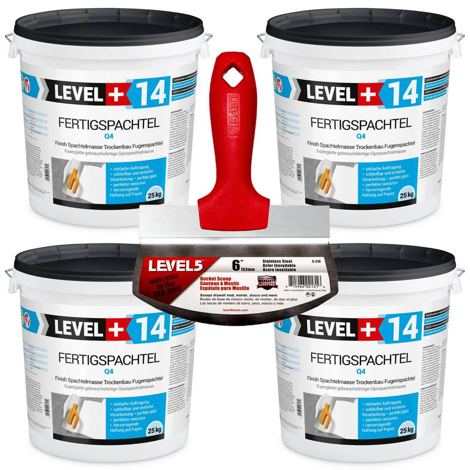 Level+ Fertigspachtel Set L+14 Q4 100KG mit LEVEL5 Eimerschaber 5-210