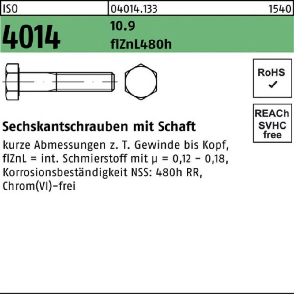 Bufab Sechskantschraube 040141330080240 ISO 4014 M 8 x 240 10.9 zinklamellenbeschichtet 100 Stück