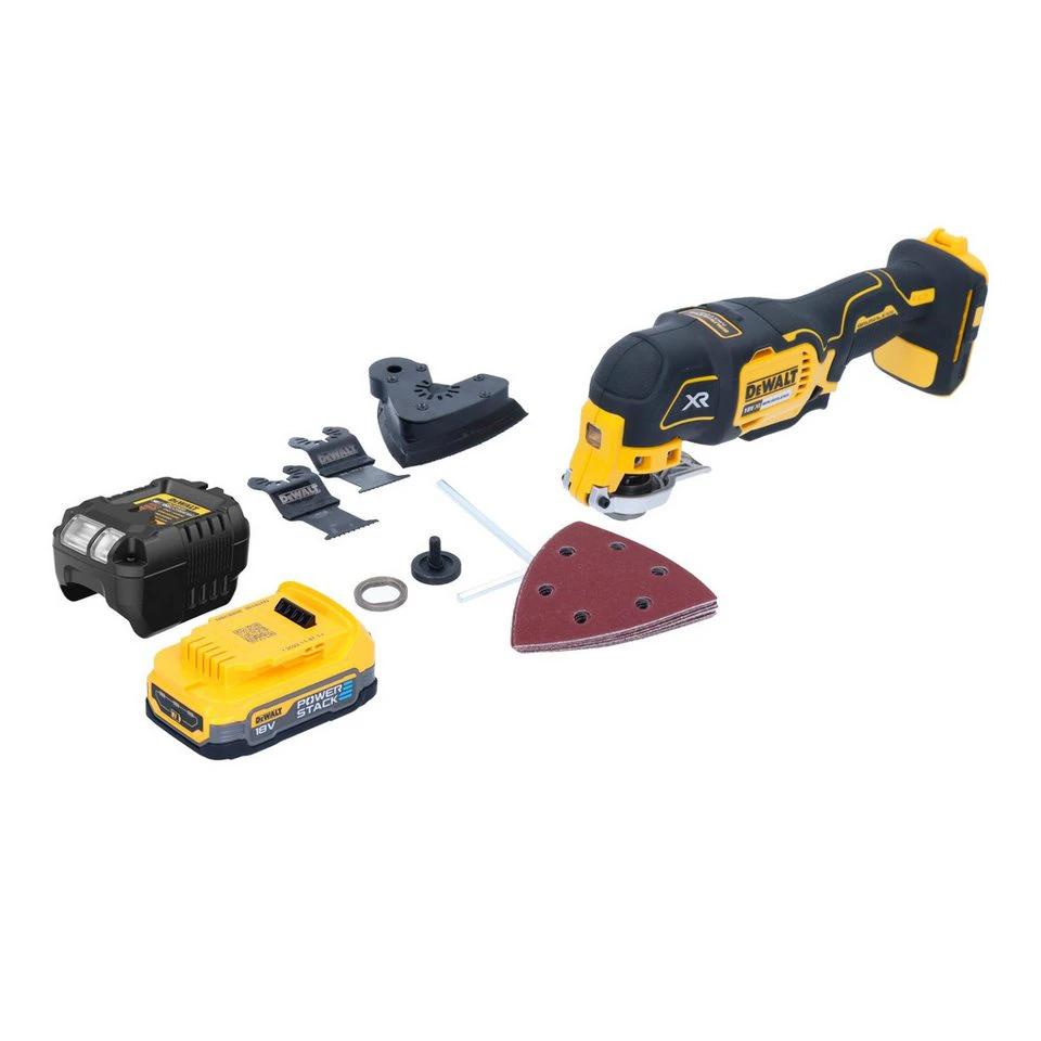 DeWalt Akku-Multifunktionswerkzeug DCS 355 18 V bürstenlos mit Powerstack Akku 1,7 Ah Ladegerät