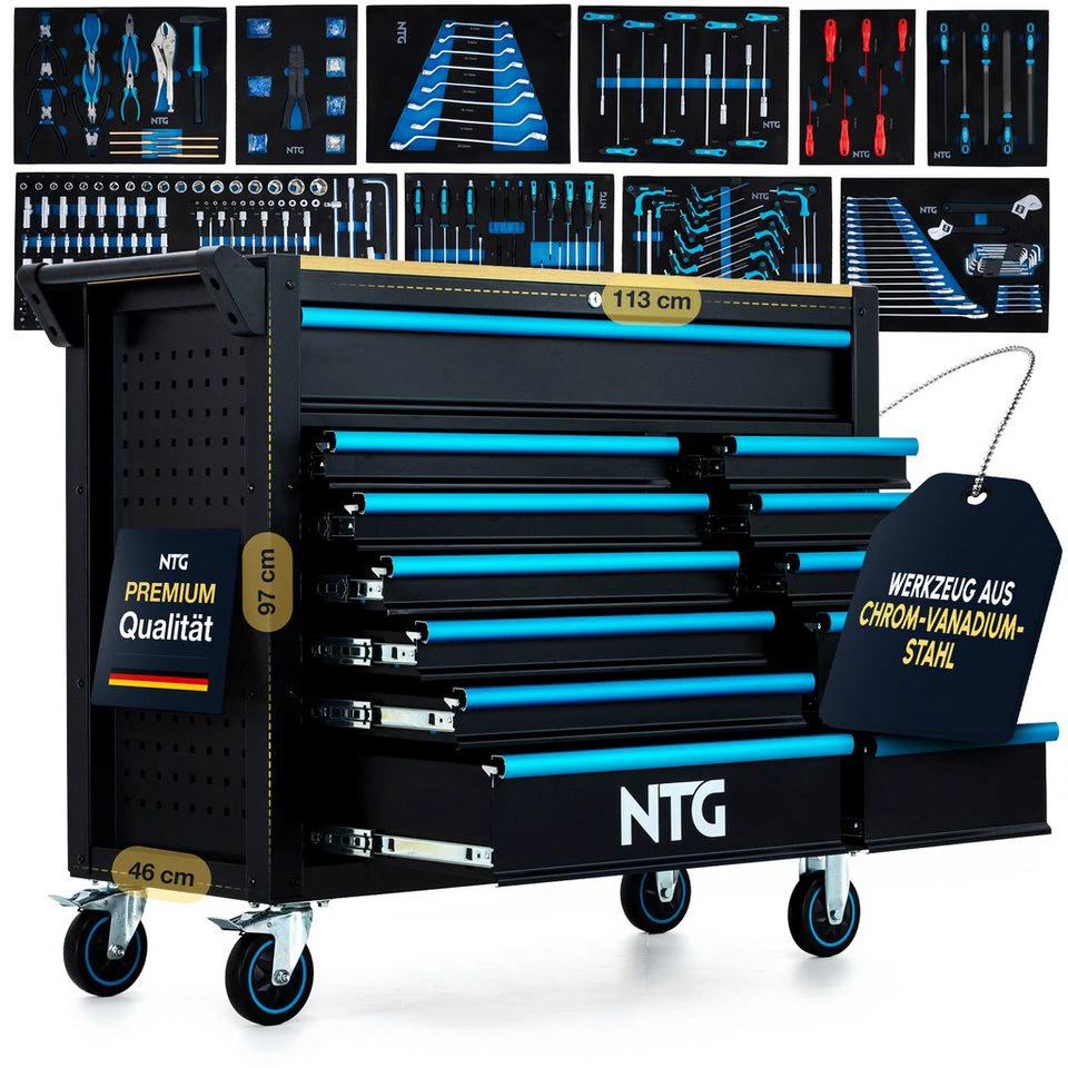 NTG Nutzfahrzeug Technik GmbH Werkzeugwagen XXL 471-tlg. Holzarbeitsplatte abschließbar 450 kg 12 Schubladen