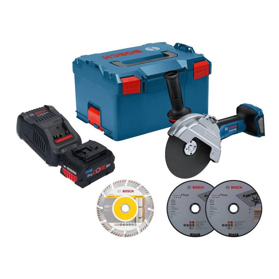 Bosch Professional Winkelschleifer GWS 18V-180 P 18 V ProCORE Akku 8,0 Ah Ladegerät L-Boxx