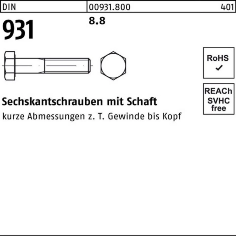 Reyher Sechskantschraube 009318000100380 DIN 931 M 10 x 380 8.8 50 Stück